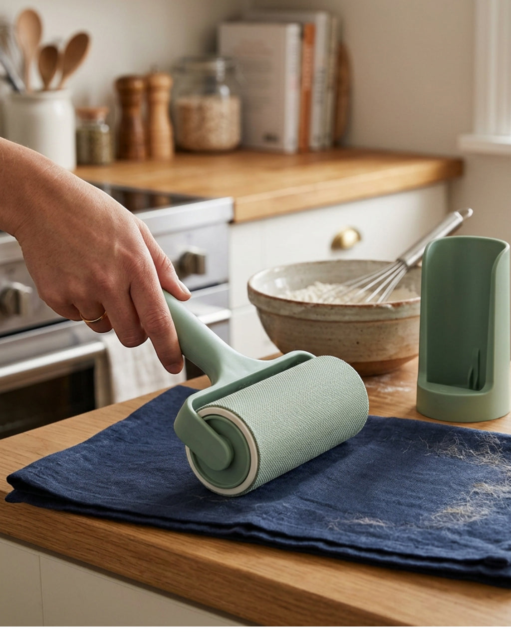 Culinova Directional Fabric Lint Roller with Cleaning Dock Sage - Lifestyle view