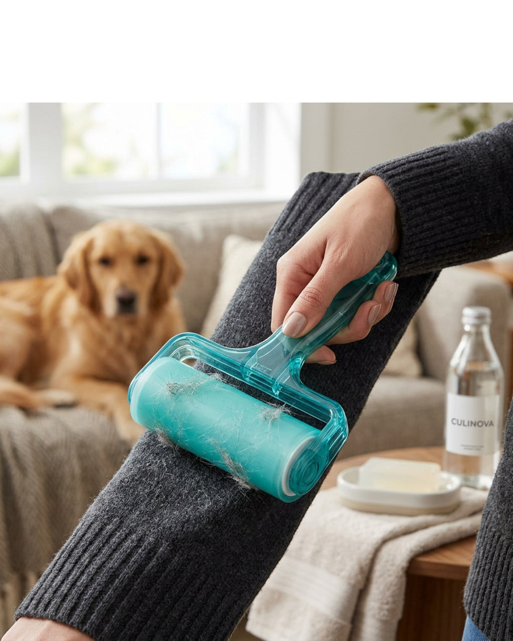 Culinova Washable Silicone Lint Roller with Folding Cover Teal - Lifestyle view